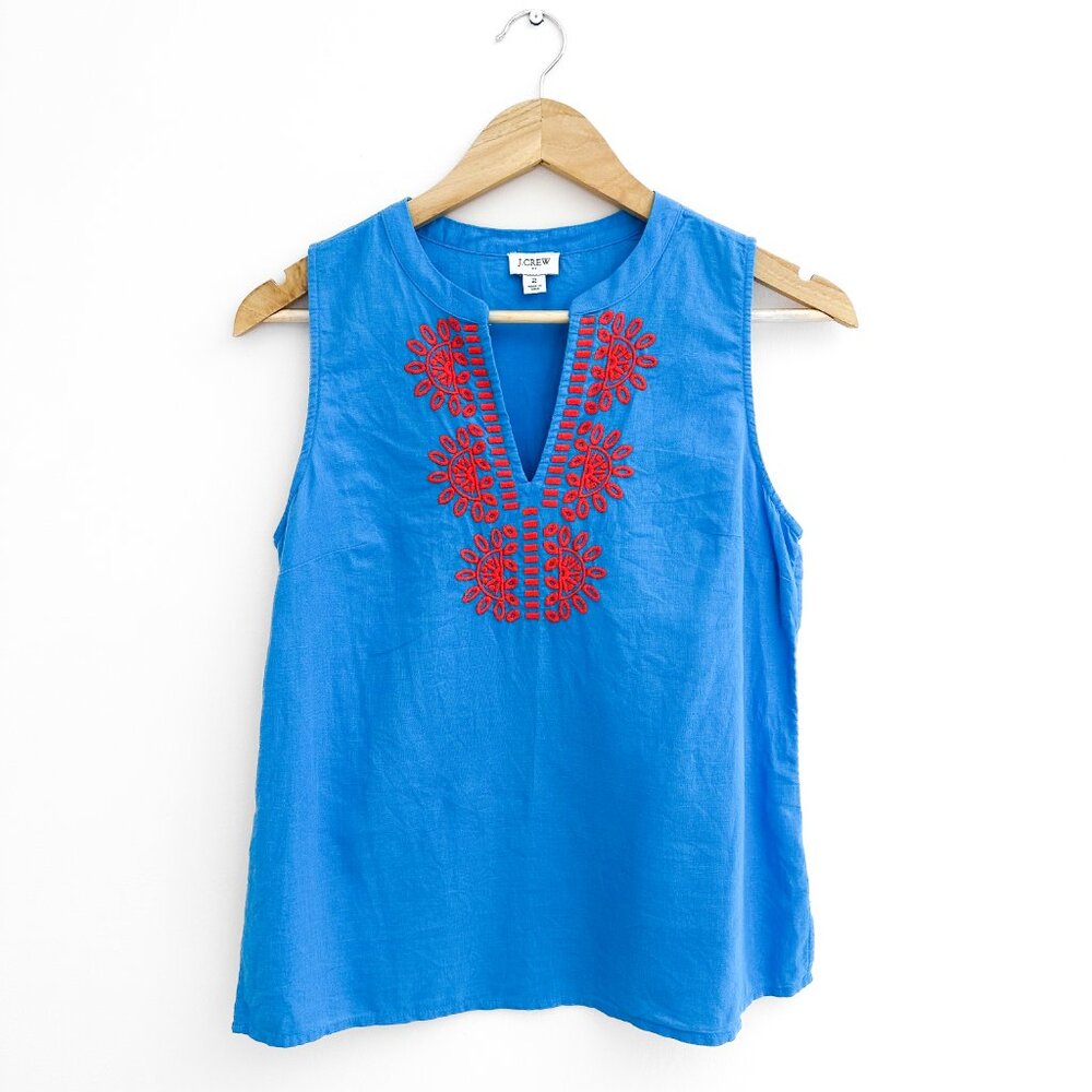 J Crew Linen Cotton Embroidered Tank Top Blue Size 2 Sleeveless Summer Blouse